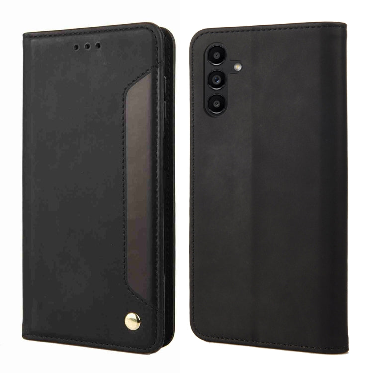 Black splicing leather phone case for Samsung Galaxy A05s, showcasing its sleek design and practical features.